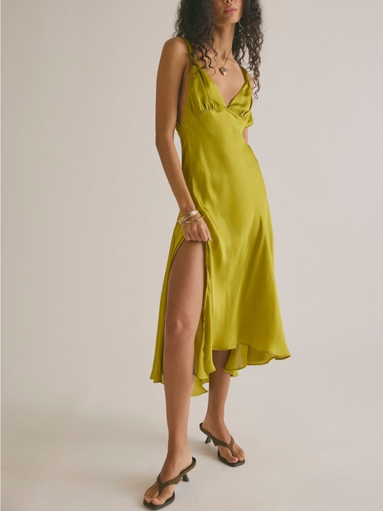 Free People Other - Free People Show Business Satin Midi Slip Dress in Chartreuse Green